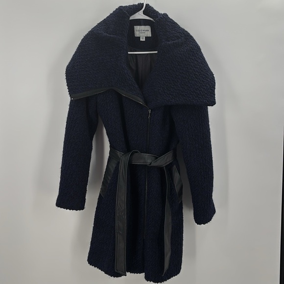 Cole Haan Signature wool blend Navy/Blue boucle Pea Coat oversized collar sze 14 - Picture 4 of 12